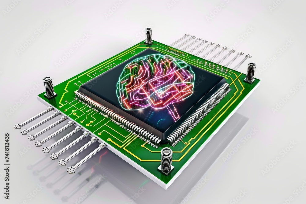Poster ai brain chip focus. artificial intelligence anterior insula human solar cell mind circuit board. ne