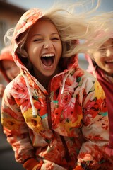 Retrato de chica adolescente con una gran sonrisa feliz, con el pelo rubio largo y despeinado. Vistiendo una chamarra floral de fondo sus amigas - obrazy, fototapety, plakaty