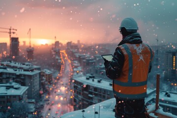 A construction worker surveys a snow lit city as snow falls at dusk - obrazy, fototapety, plakaty
