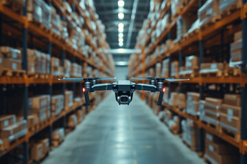 A drone flying over aisles in a warehouse, scanning barcodes for inventory management, showcasing the integration of technology in modern logistics