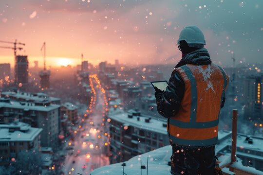 A construction worker surveys a snow lit city as snow falls at dusk
