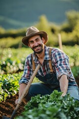 Portrait of farmer in sustainable garden or in field. Hardworking farmer sowing seeds for a sustainable harvest.