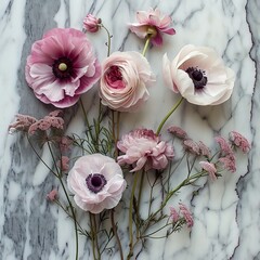 Delicate anemones and ranunculus arranged beautifully on a sleek marble background