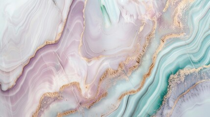 Abstract marble slab background with lavender and turquoise gradients with gold wavy border - obrazy, fototapety, plakaty