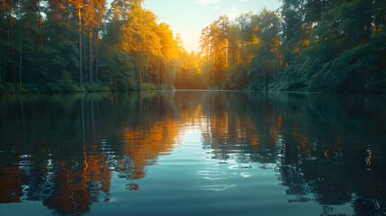 Early misty autumn morning sunrise over the lake,
Vibrant colors reflect in tranquil pond at dusk in wilderness

