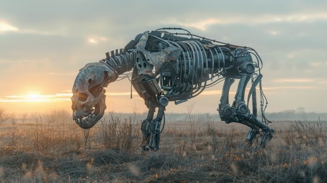 Fusion of Mesolithic wildlife digital AI robot highlighting the harmony between past and future