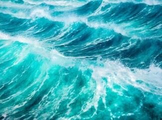 Fototapeta na wymiar Beautiful photo of blue water flowing in waves with white foam in a ocean. Wallpaper background.