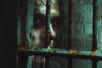 Face of an exhausted prisoner, hidden by a curtain of rain, looking gloomily through the bars of a prison cell