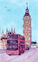 Bigben and red bus in London. Architecture sketch illustration. Hand drawn sketch of London city, Buckingham Palace, UK. Digital Drawing. Travel sketch. Hand drawn travel postcard. Landscape colorful. - obrazy, fototapety, plakaty