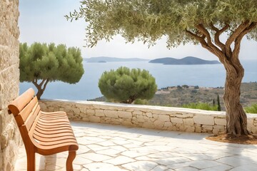 A bench overlooking the sea. A bench in the shade of a tree overlooking the mountains and the ocean in bright and sunny weather. Tourism banner with copy space