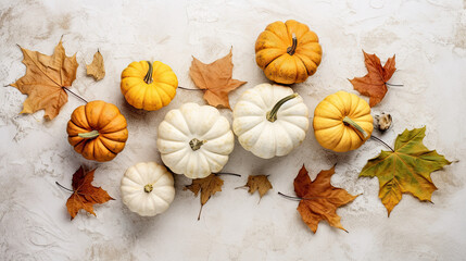 A group of pumpkins with dried autumn leaves and twig, on a white color stone