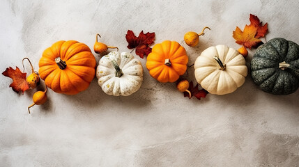 A group of pumpkins with dried autumn leaves and twig, on a light gray color stone