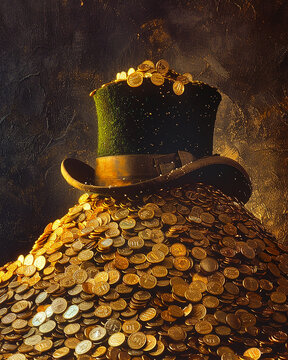 A leprechaun hat on top of a pile of gold, St Patrick's Day