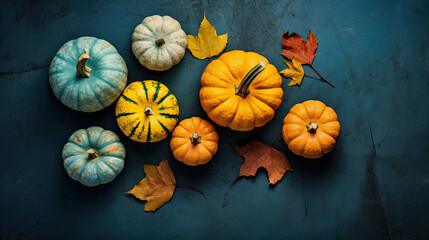 A group of pumpkins with dried autumn leaves and twig, on a cyan color stone