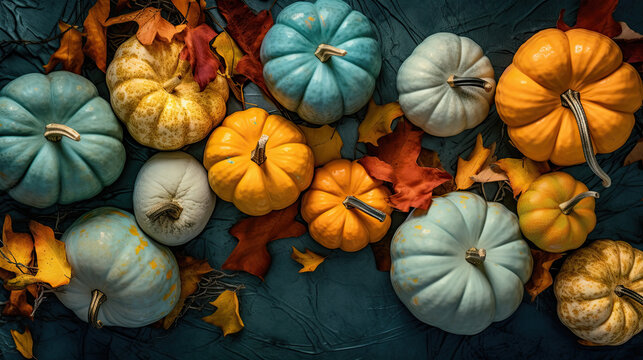 A group of pumpkins with dried autumn leaves and twig, on a teal color stone