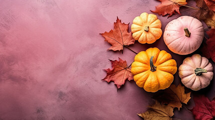 A group of pumpkins with dried autumn leaves and twig, on a pink color stone