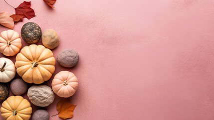 Fototapeta na wymiar A group of pumpkins with dried autumn leaves and twig, on a pink color stone