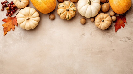 A group of pumpkins with dried autumn leaves and twig, on a beige color stone - obrazy, fototapety, plakaty