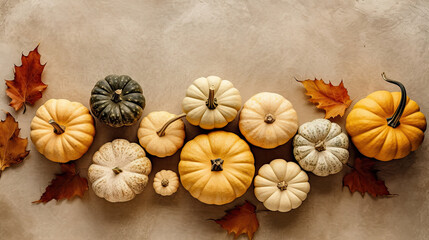 A group of pumpkins with dried autumn leaves and twig, on a beige color stone