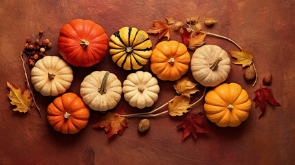 A group of pumpkins with dried autumn leaves and twig, on a scarlet color stone - obrazy, fototapety, plakaty