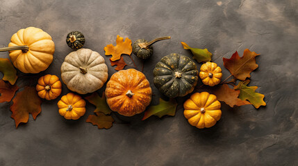 A group of pumpkins with dried autumn leaves and twig, on a olive green color stone