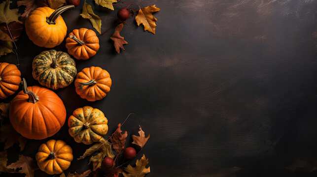 A group of pumpkins with dried autumn leaves and twig, on a dark orange color stone