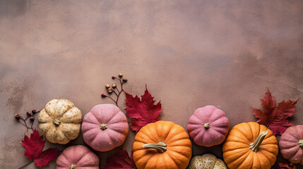 Obraz na płótnie Canvas A group of pumpkins with dried autumn leaves and twig, on a light maroon color stone