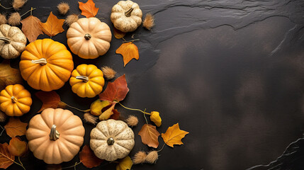 A group of pumpkins with dried autumn leaves and twig, on a light orange color stone - obrazy, fototapety, plakaty