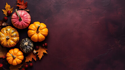 A group of pumpkins with dried autumn leaves and twig, on a vivid maroon color stone