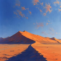 Vast Sand Dunes at Dusk: Expansive sand dunes at dusk, with warm tones and long shadows, capturing the solitude and beauty of the desert.