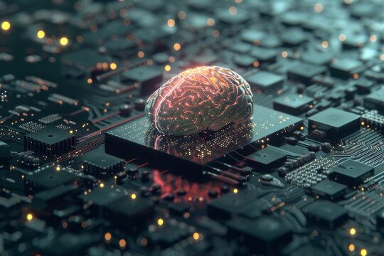 AI Brain Chip brainpower maximization. Artificial Intelligence nanoparticles human data governance mind circuit board. Neuronal network clinical trials smart computer processor cen