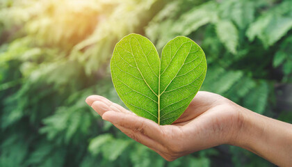 Green Energy, Renewable and Sustainable Resources. Environmental and Ecology Care Concept. Close up of Hand Holding a Heart Shape Green Leaf