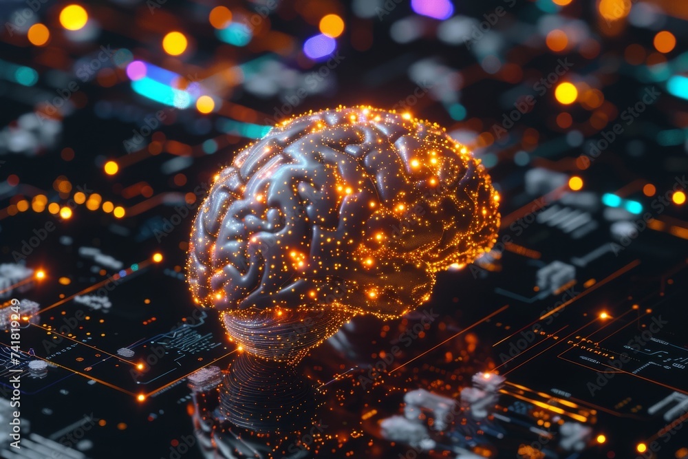 Poster ai brain chip futurism. artificial intelligence ehr human deposition mind circuit board. neuronal ne
