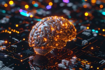 AI Brain Chip futurism. Artificial Intelligence ehr human deposition mind circuit board. Neuronal network neurological assessment smart computer processor ai digital transformation - obrazy, fototapety, plakaty