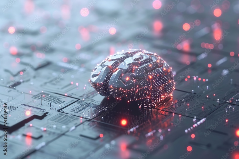 Poster ai brain chip neon amber. artificial intelligence quantum dots human calcium signaling mind circuit 