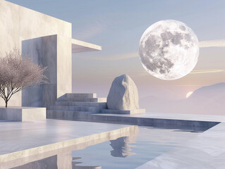 3d render of a bold minimalist geometric moon rising over a simple landscape