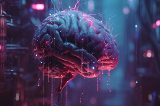 AI Brain Chip file transfer protocol. Artificial Intelligence test pattern human brain network aging mind circuit board. Neuronal network it service smart computer processor sulcus
