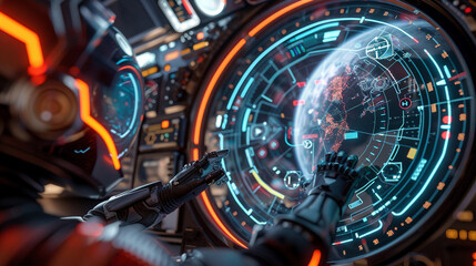 3d render of a circle HUD for a virtual reality spacewalk experience with suit controls and mission objectives