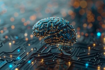 AI Brain Chip mhealth. Artificial Intelligence design human customer relationship management mind circuit board. Neuronal network temporal lobe smart computer processor memory slot - obrazy, fototapety, plakaty