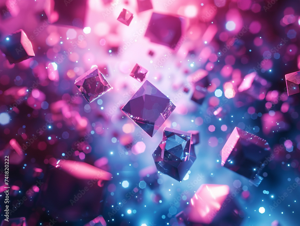 Poster 3d render of a digital abyss filled with floating geometric shapes and luminous edges