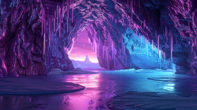 3d render of a digital neon ice cave with frozen lakes