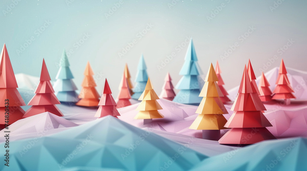 Poster 3d render of a flat abstract landscape with geometric shapes as trees