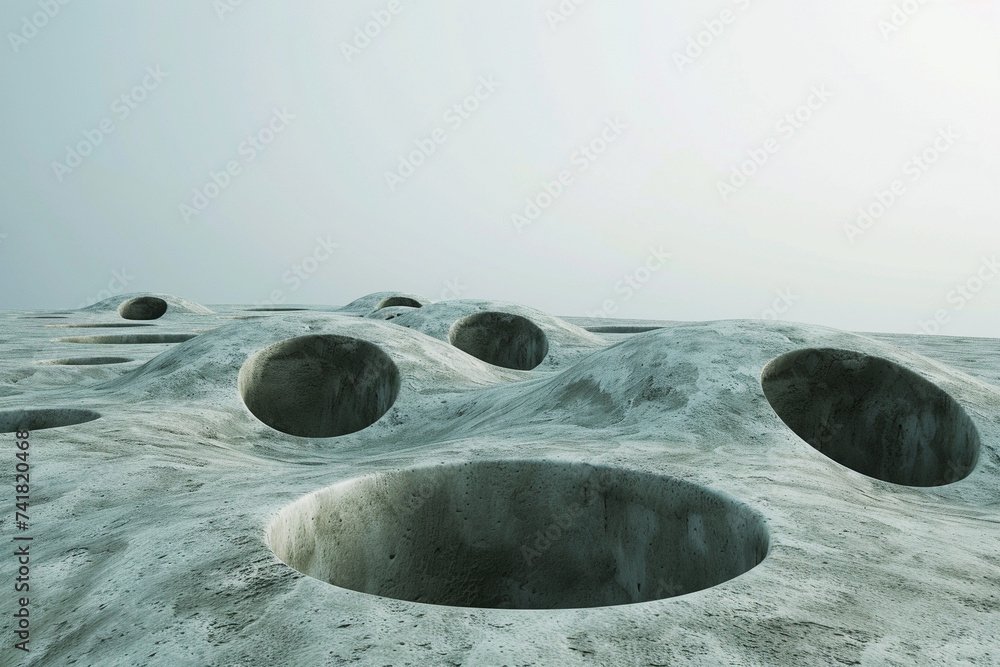 Poster 3d render of a flat minimalist terrain with a series of circular holes