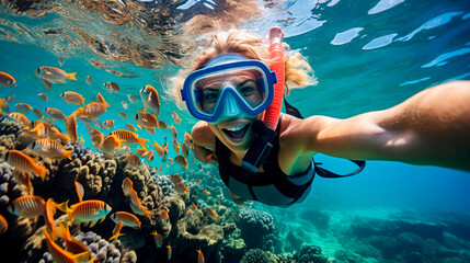 Immersed in Beauty: Woman's Selfie amidst a Vibrant Shoal of Fish on a Tropical Dive.