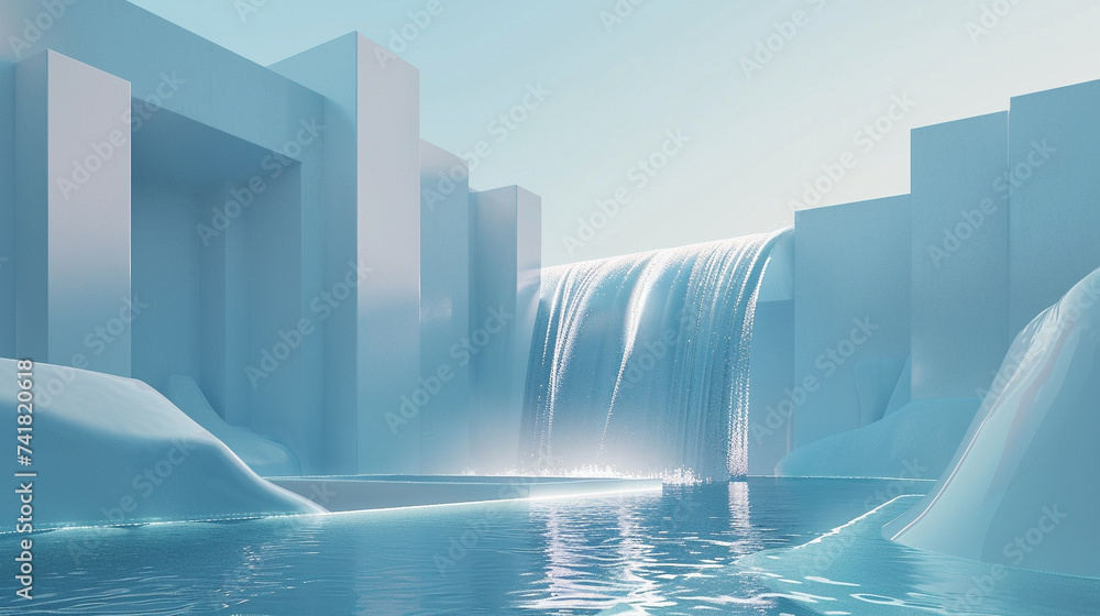 Aufkleber 3d render of a geometric representation of a waterfall flowing into a flat pool