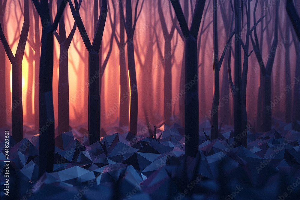 Poster 3d render of a geometric representation of a minimalist abstract forest at dawn