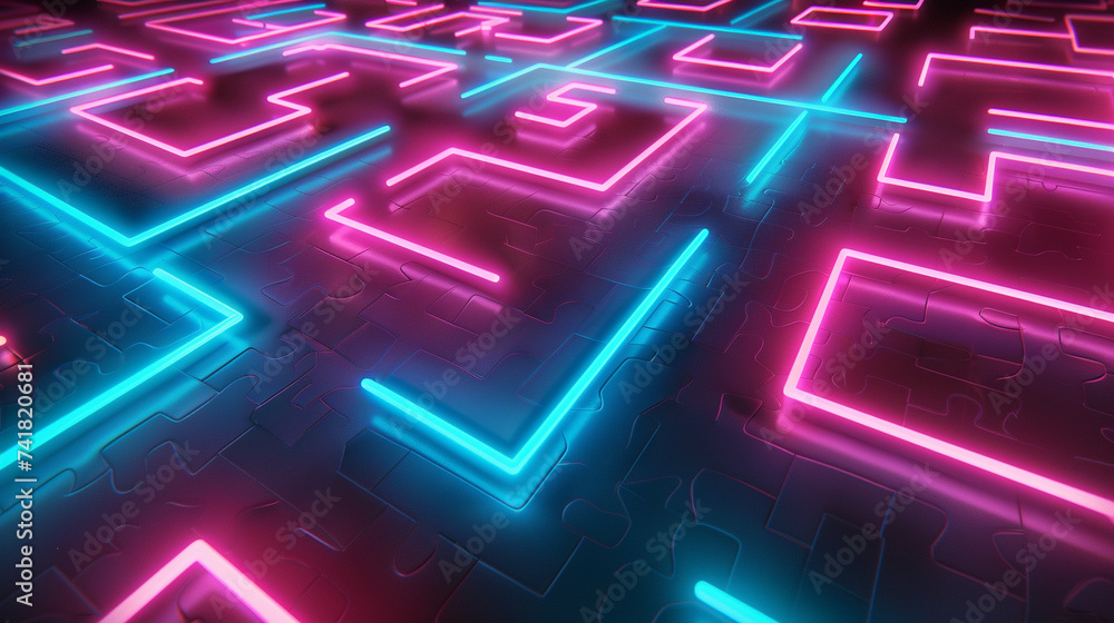 Poster 3d render of a glowing neon labyrinth with a puzzle to solve