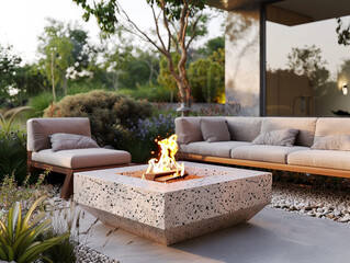 3d render of a geometric terrazzo fire pit in a minimalist outdoor lounge area - obrazy, fototapety, plakaty