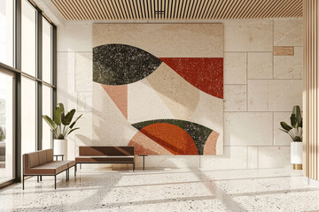 3d render of a geometric terrazzo mural in a modern minimalist lobby