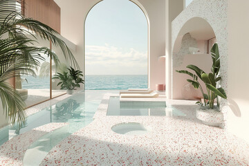 3d render of a geometric terrazzo poolside in a minimalist luxury resort